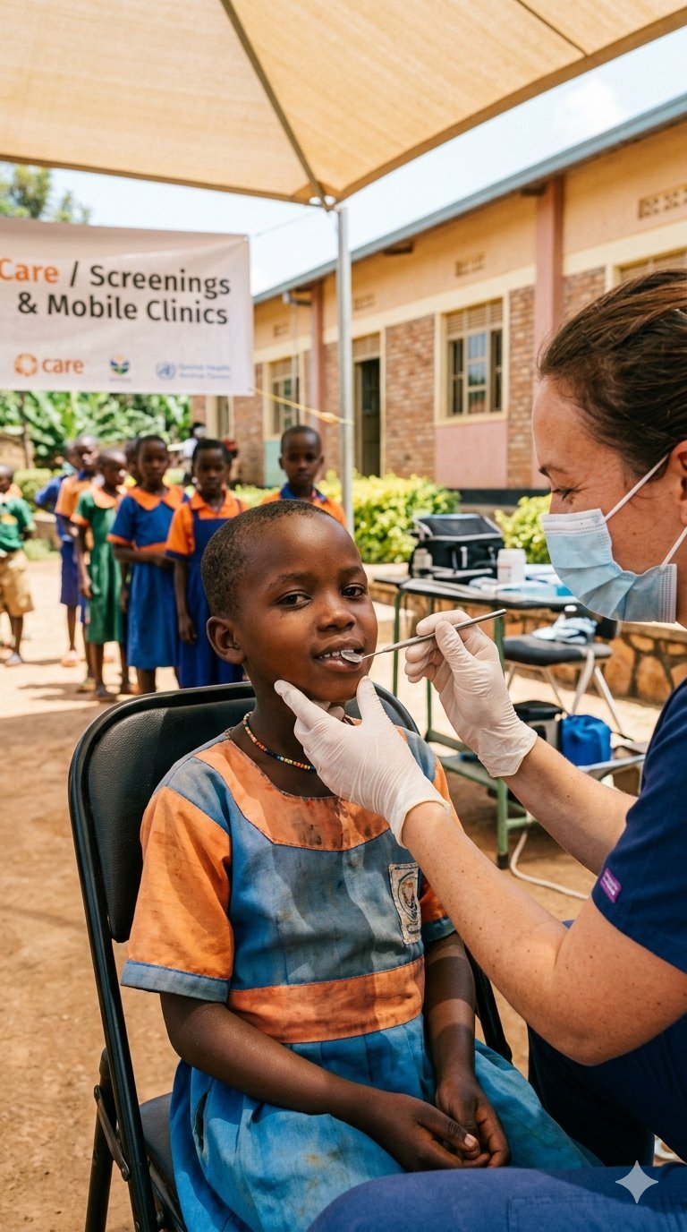 Care: school screenings and mobile clinics